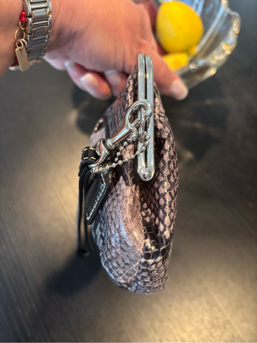 COACH Snake-Print KISSLOCK Wristlet Clutch in Gray and Black - Picture 6 of 10